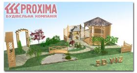 3D визуализация дизайн проекта благоустройства территории вокруг дома. Беседка, мостик, забор, пергола, гриль, печь, брусчатка, деревья, кустарники, газон.